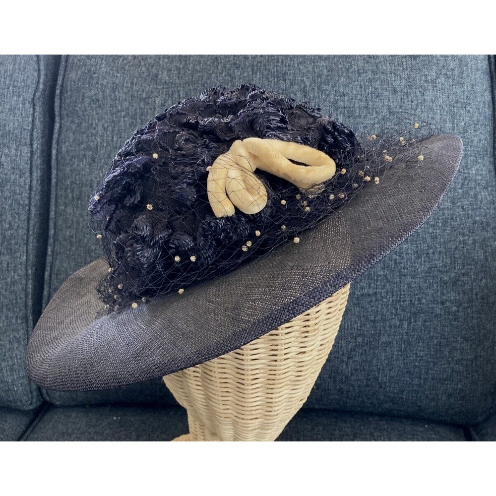 Vintage woman's ladies hat Cherry Webb navy w/white velvet bow netting 50s 60s